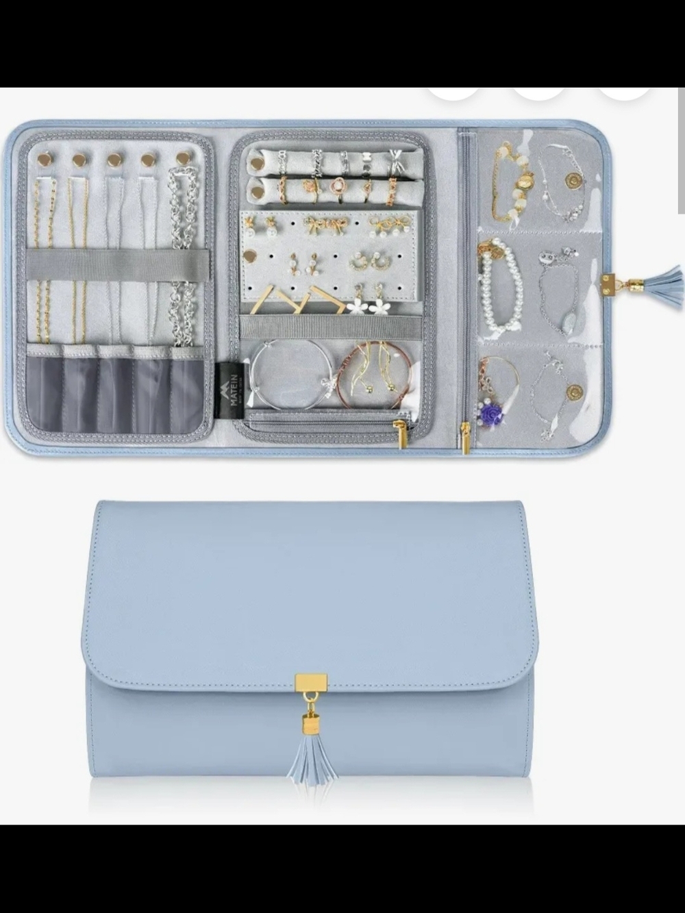 Light Blue Women's Jewelry Travel Case with Tassel Closure